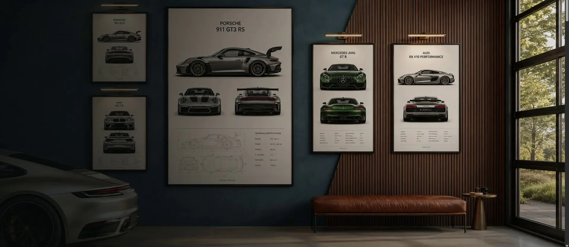 Premium custom automotive posters displayed in a dark modern garage interior