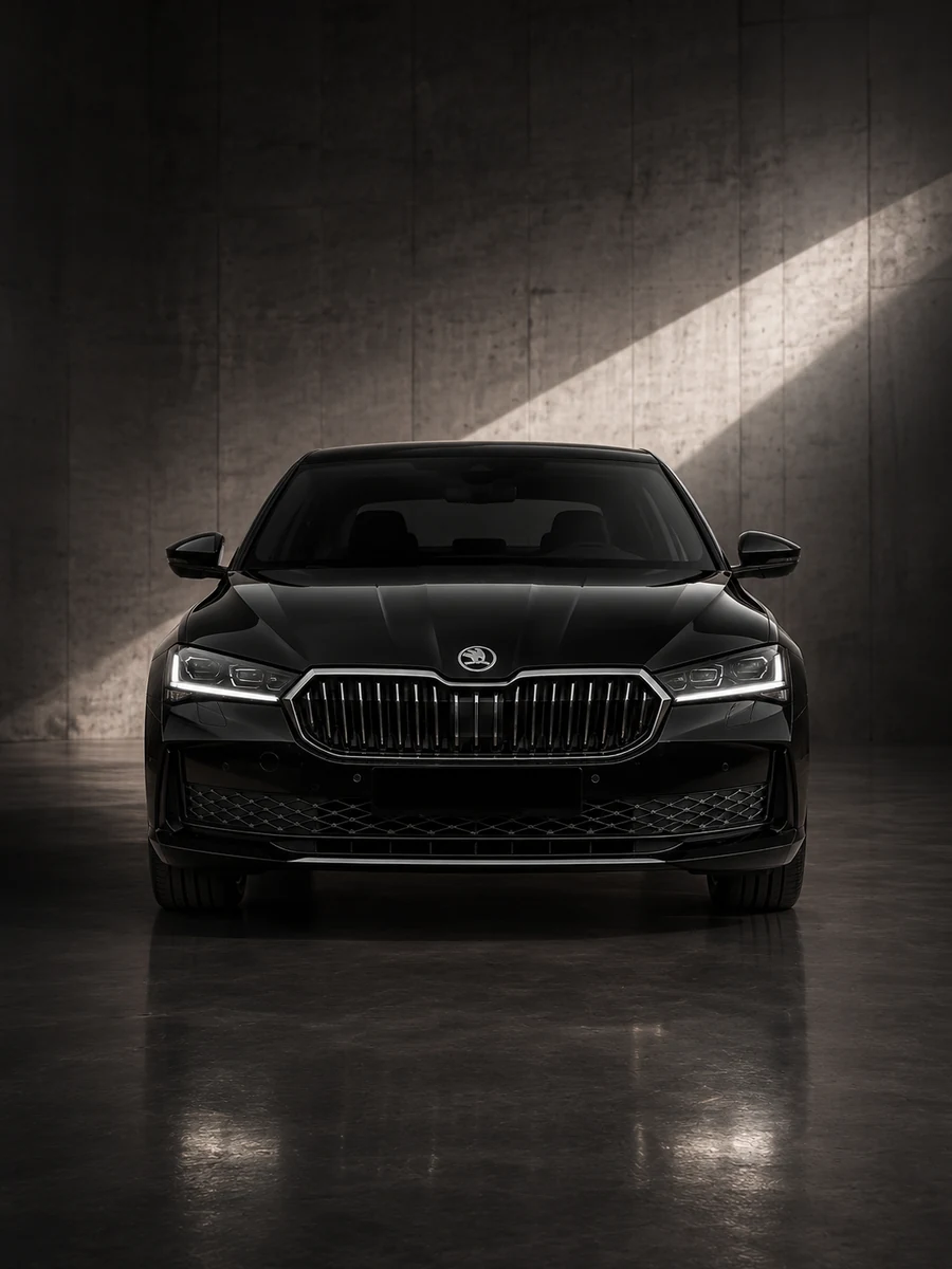 The same Škoda Superb visible in the phone camera